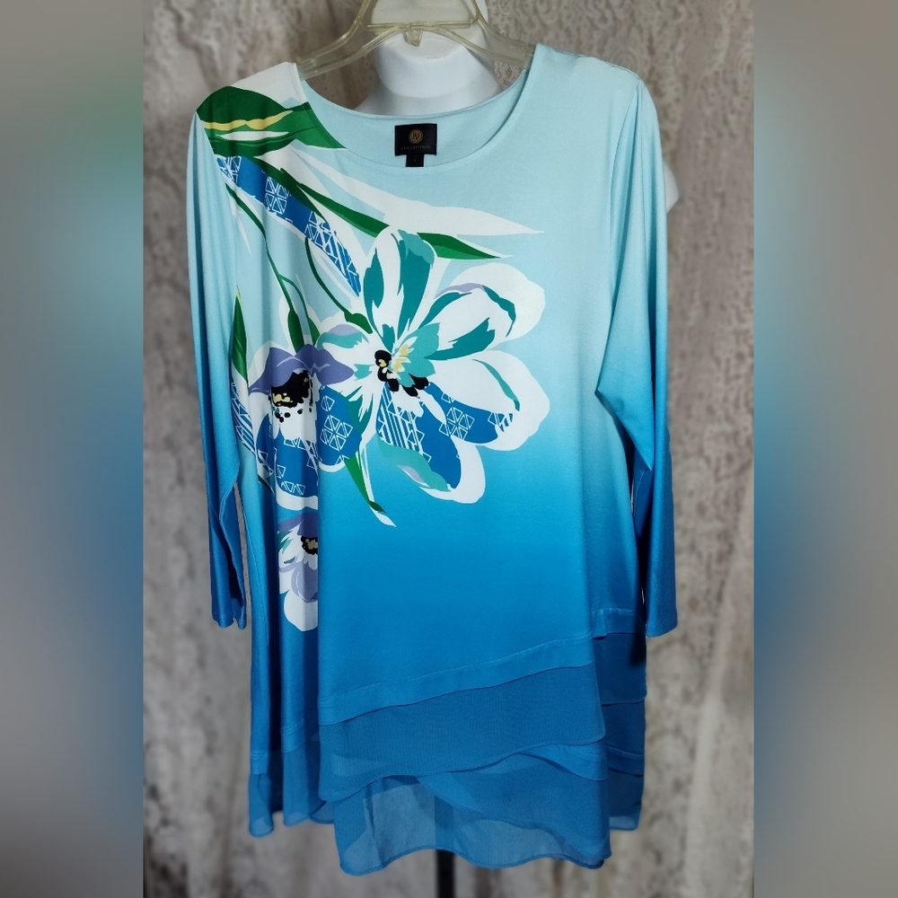 JM Collection Aqua Floral Layered Blouse NWOT
